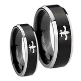 His Hers Fleur De Lis Beveled Edges Brush Black 2 Tone Tungsten Men's Ring Set