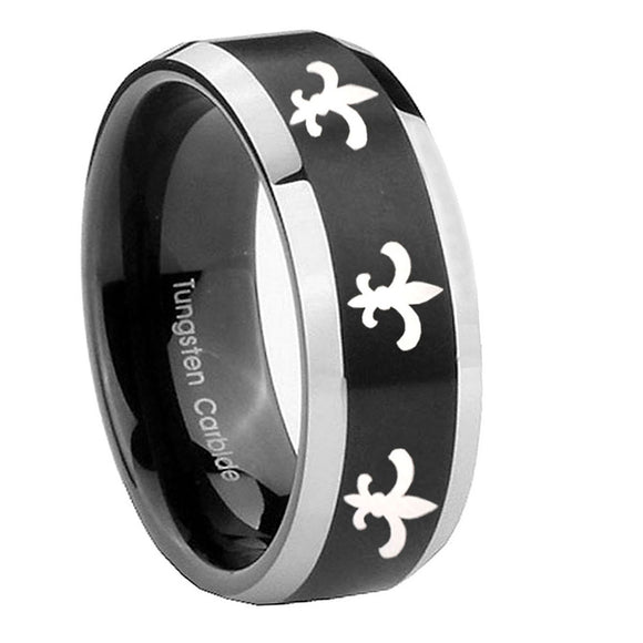 8mm-Multiple-Fleur-De-Lis-Beveled-Edges-Brush-Black-2-Tone-Tungsten-Bands-Ring