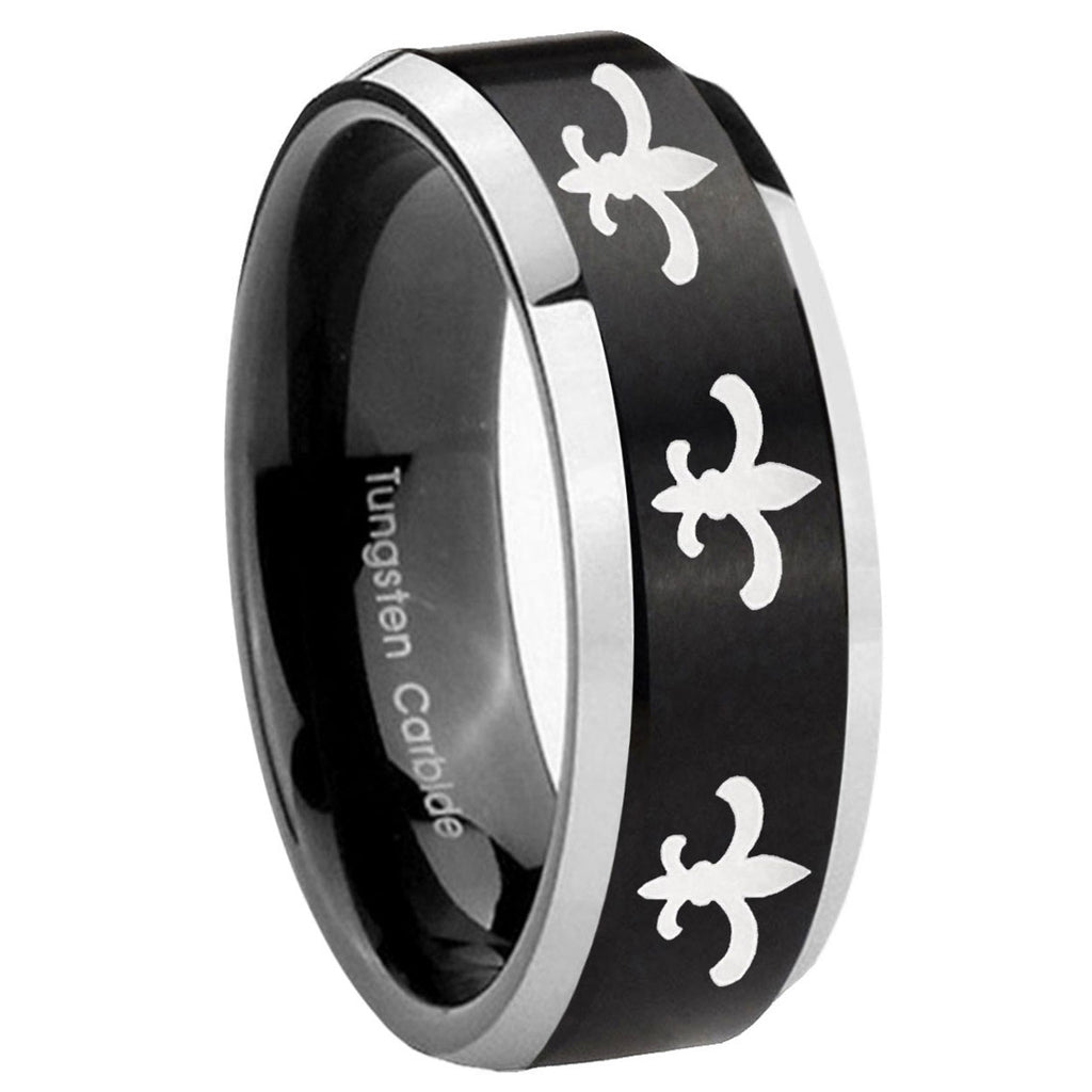 8MM Multiple Fleur-De-Lis Beveled Two Tone Black Tungsten Custom Ring