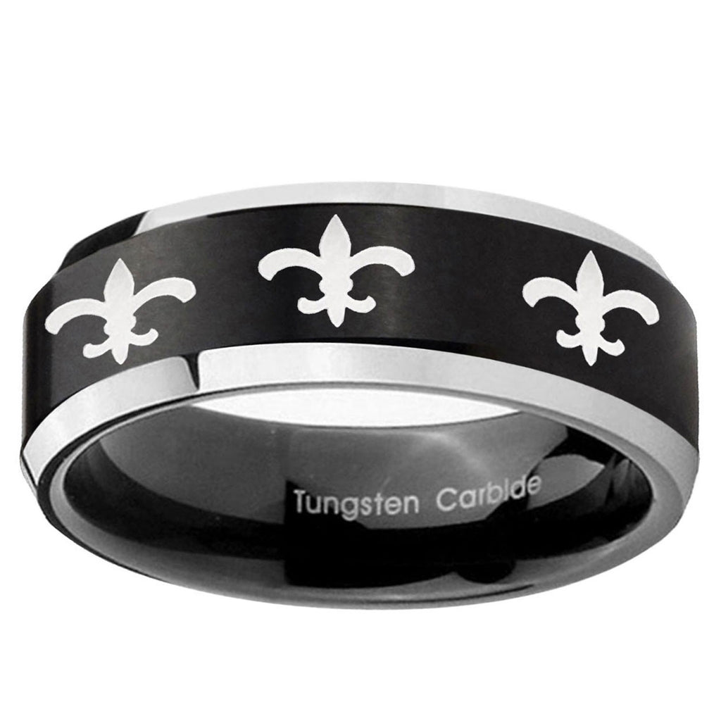 5MM Multiple Fleur-De-Lis Beveled Two Tone Black Tungsten Custom Ring