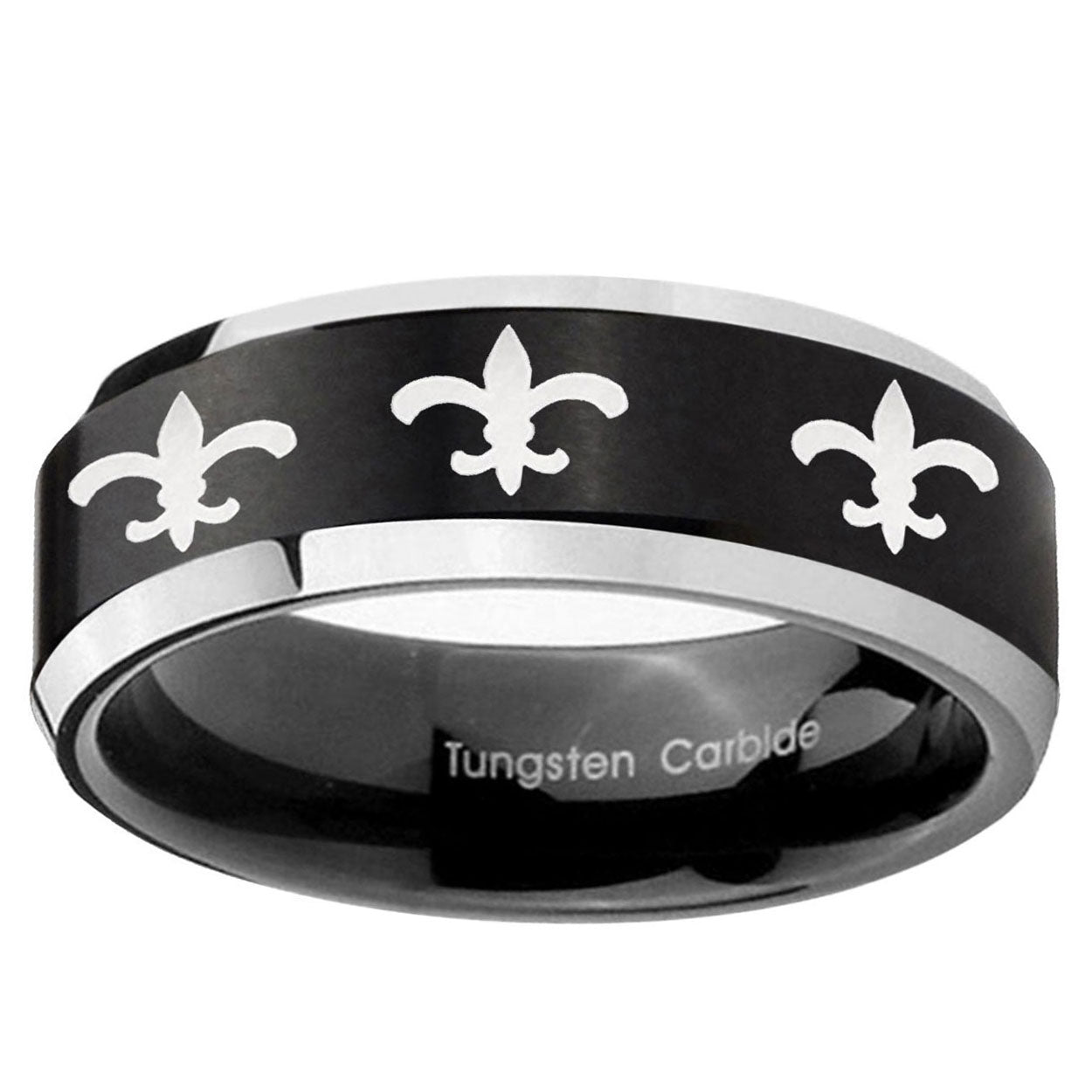 5MM Multiple Fleur-De-Lis Beveled Two Tone Black Tungsten Custom Ring