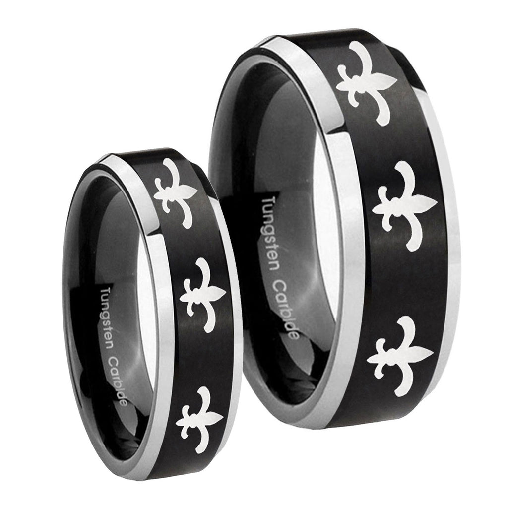 Multiple Fleur De Lis Beveled Brush Black 2 Tone Tungsten Wedding Ring Sets