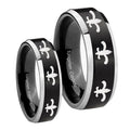 Multiple Fleur De Lis Beveled Brush Black 2 Tone Tungsten Wedding Ring Sets