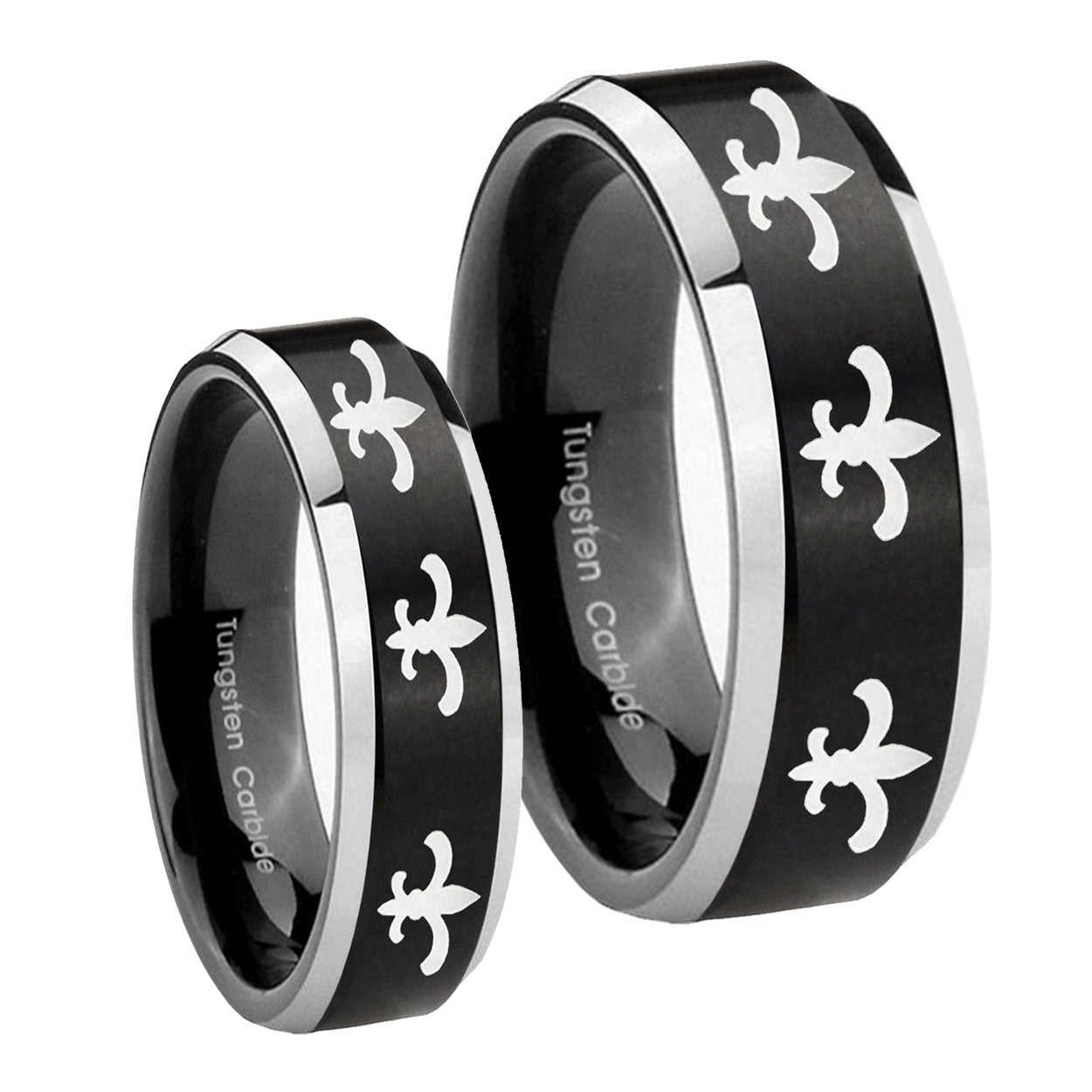 Multiple Fleur De Lis Beveled Brush Black 2 Tone Tungsten Wedding Ring Sets