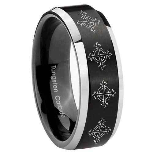 10mm Multiple Crosses Beveled Brush Black 2 Tone Tungsten Wedding Band Mens