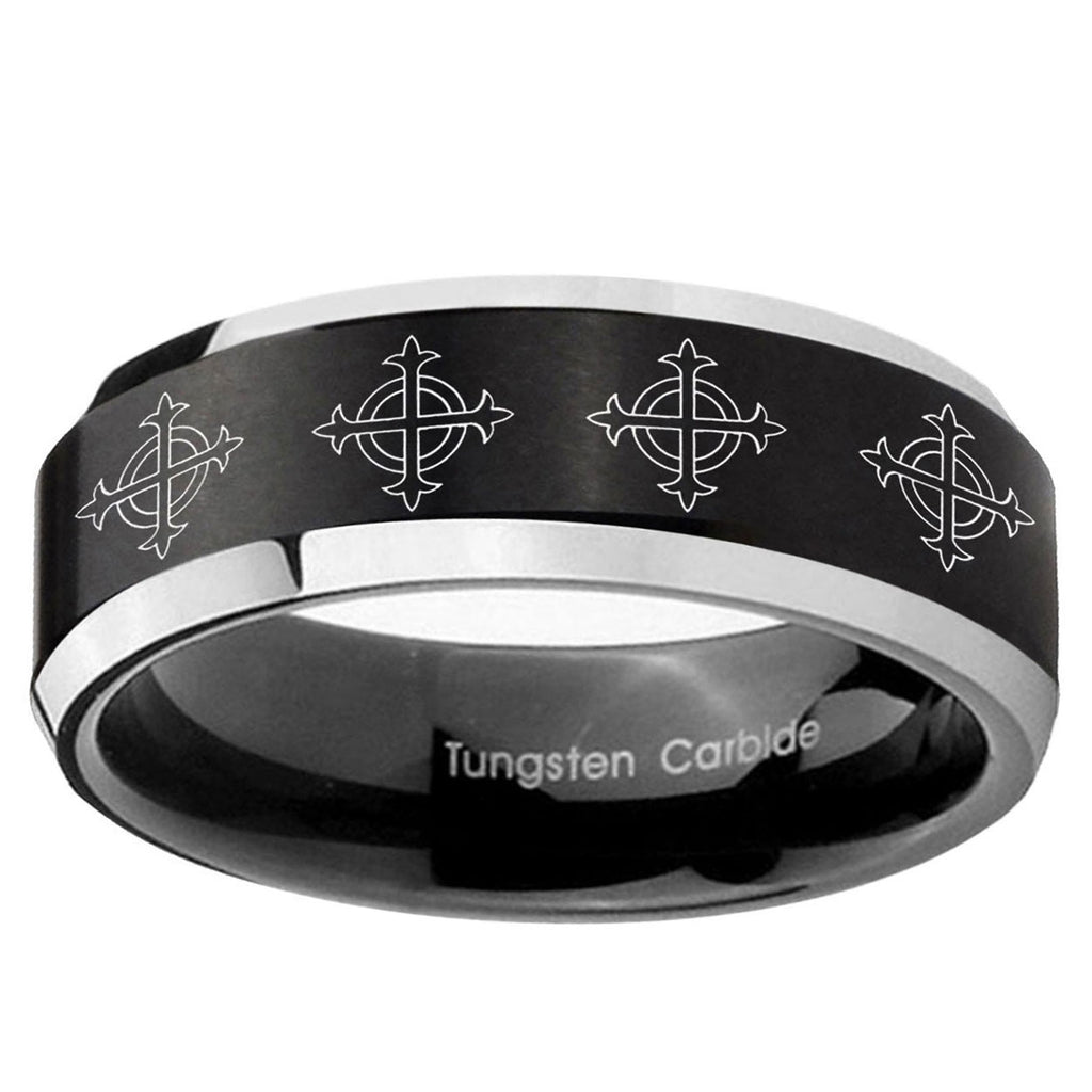 10mm Multiple Crosses Beveled Brush Black 2 Tone Tungsten Wedding Band Mens