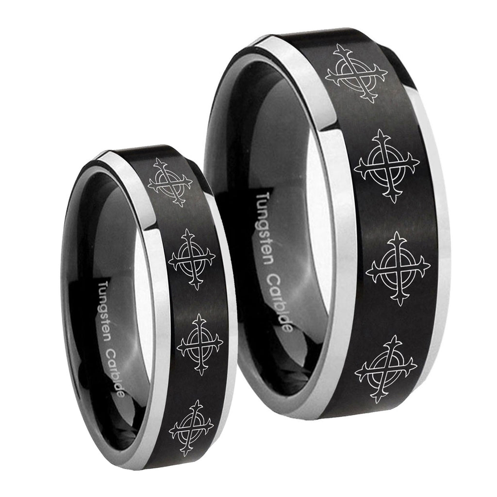 Multiple Crosses Beveled Brush Black 2 Tone Tungsten Bridal Ring Sets