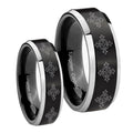 Multiple Crosses Beveled Brush Black 2 Tone Tungsten Bridal Ring Sets