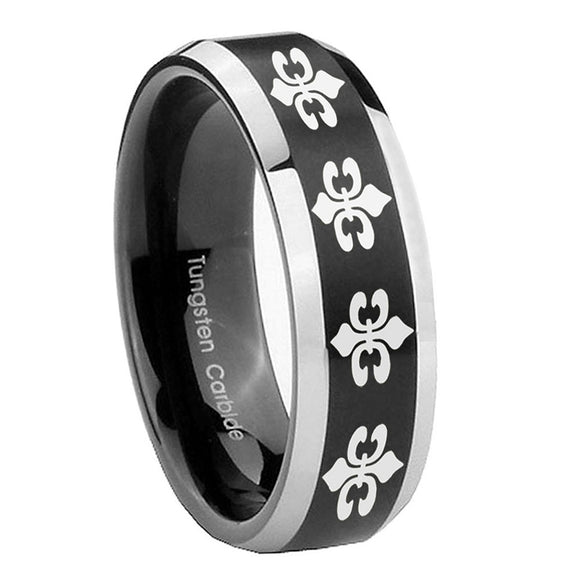 10mm-Multiple-Fleur-De-Lis-Beveled-Brush-Black-2-Tone-Tungsten-Promise-Ring