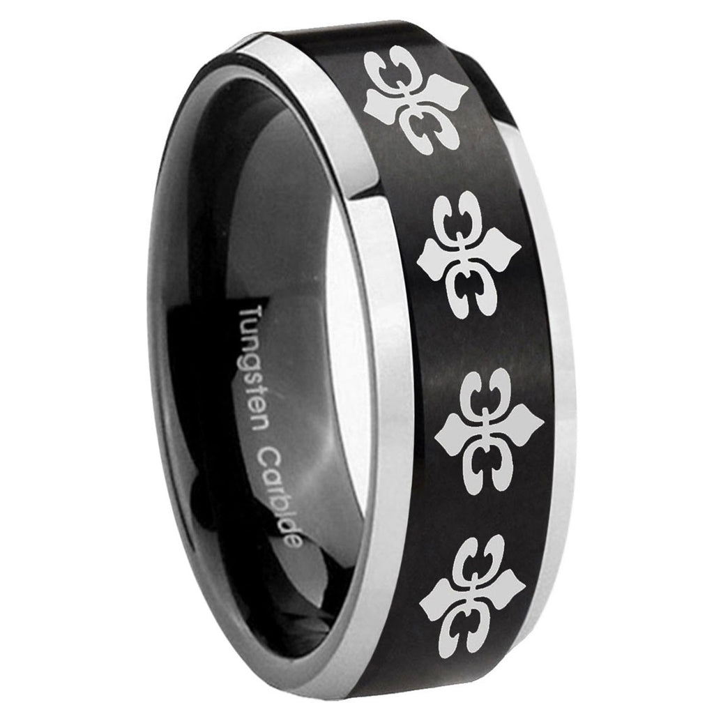 8MM Multiple Fleur Delis Beveled Two Tone Black Tungsten Band For Men