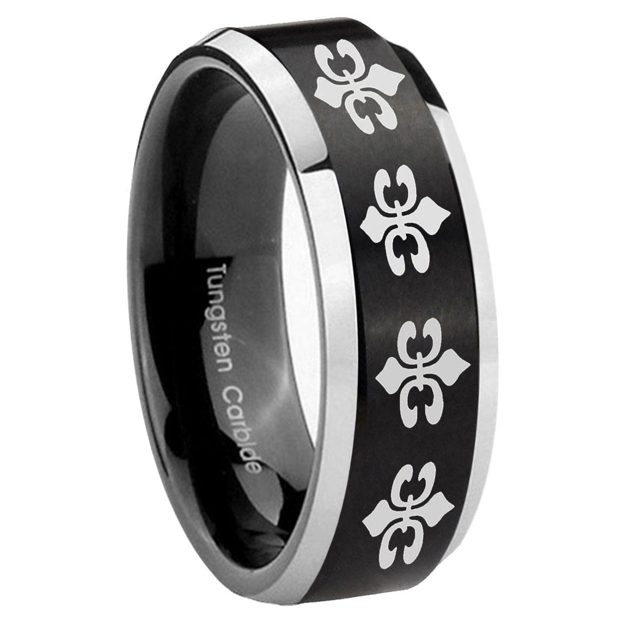 8MM Multiple Fleur Delis Beveled Two Tone Black Tungsten Band For Men