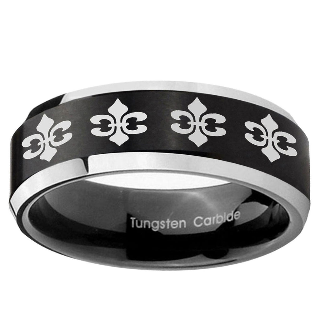 5MM Multiple Fleur Delis Beveled Two Tone Black Tungsten Band For Men