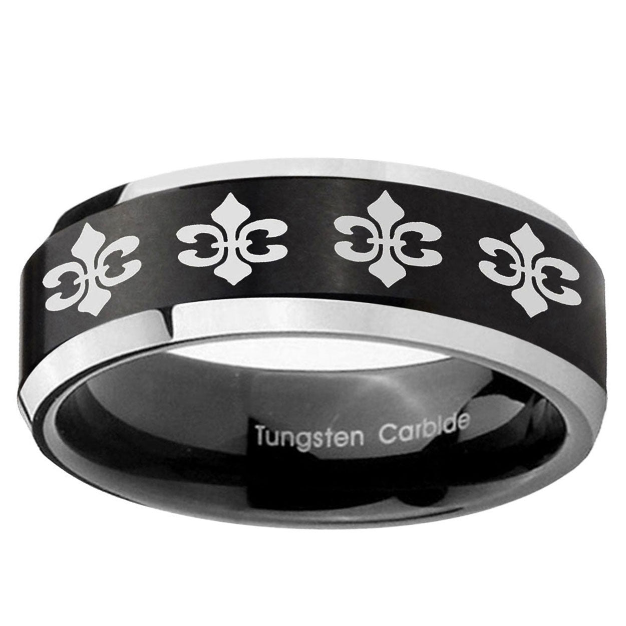 5MM Multiple Fleur Delis Beveled Two Tone Black Tungsten Band For Men