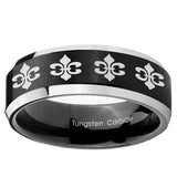 10mm Multiple Fleur-De-Lis Beveled Brush Black 2 Tone Tungsten Promise Ring