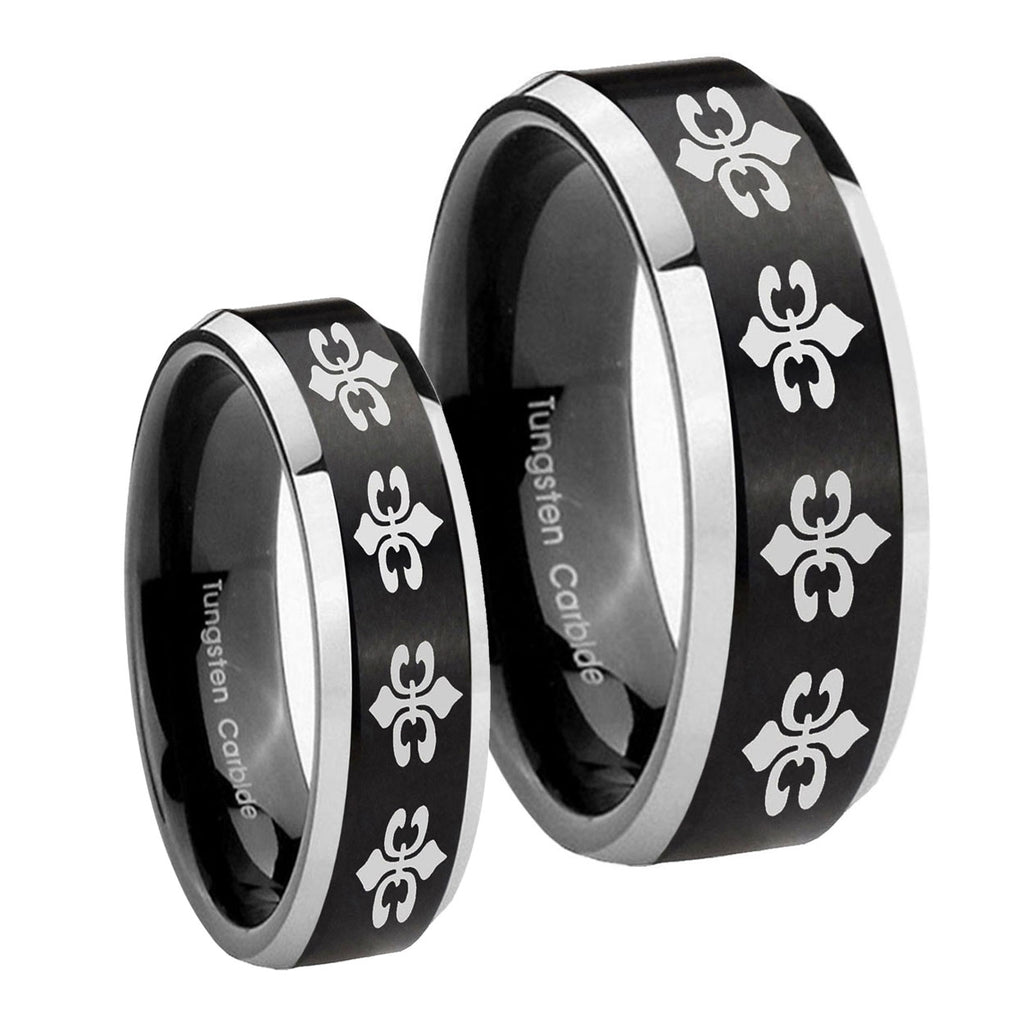 Multiple Fleur De Lis Beveled Brush Black 2 Tone Tungsten Couple Rings