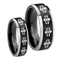 Multiple Fleur De Lis Beveled Brush Black 2 Tone Tungsten Couple Rings