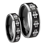 His Hers Multiple Fleur De Lis Beveled Brush Black 2 Tone Tungsten Mens Ring Set