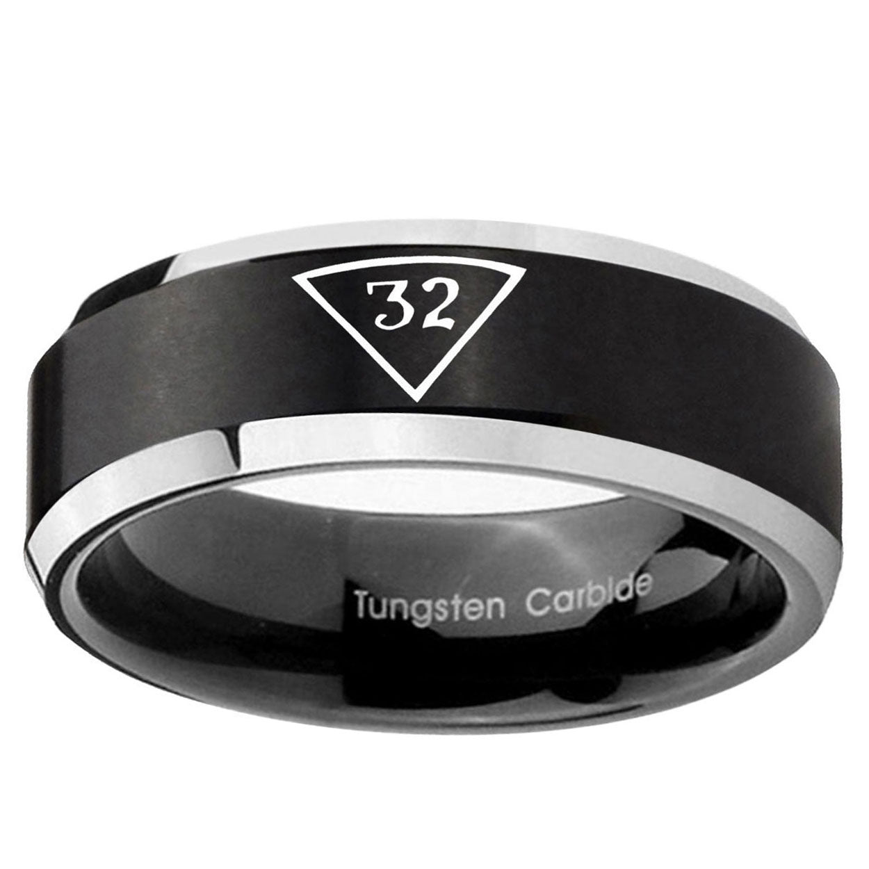 5MM Masonic 32 Triangle Freemason Beveled Two Tone Black Tungsten Ring