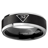 10mm Masonic 32 Triangle Freemason Beveled Edge Brush Black 2 Tone Tungsten Ring