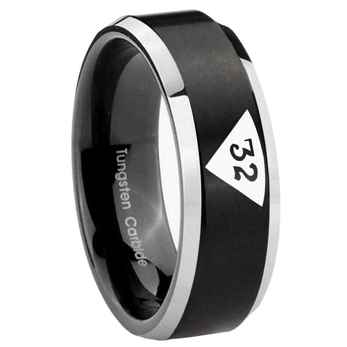 10mm Masonic 32 Triangle Design Freemason Beveled Edges Brush Black 2 Tone Tungsten Carbide Bands Ring