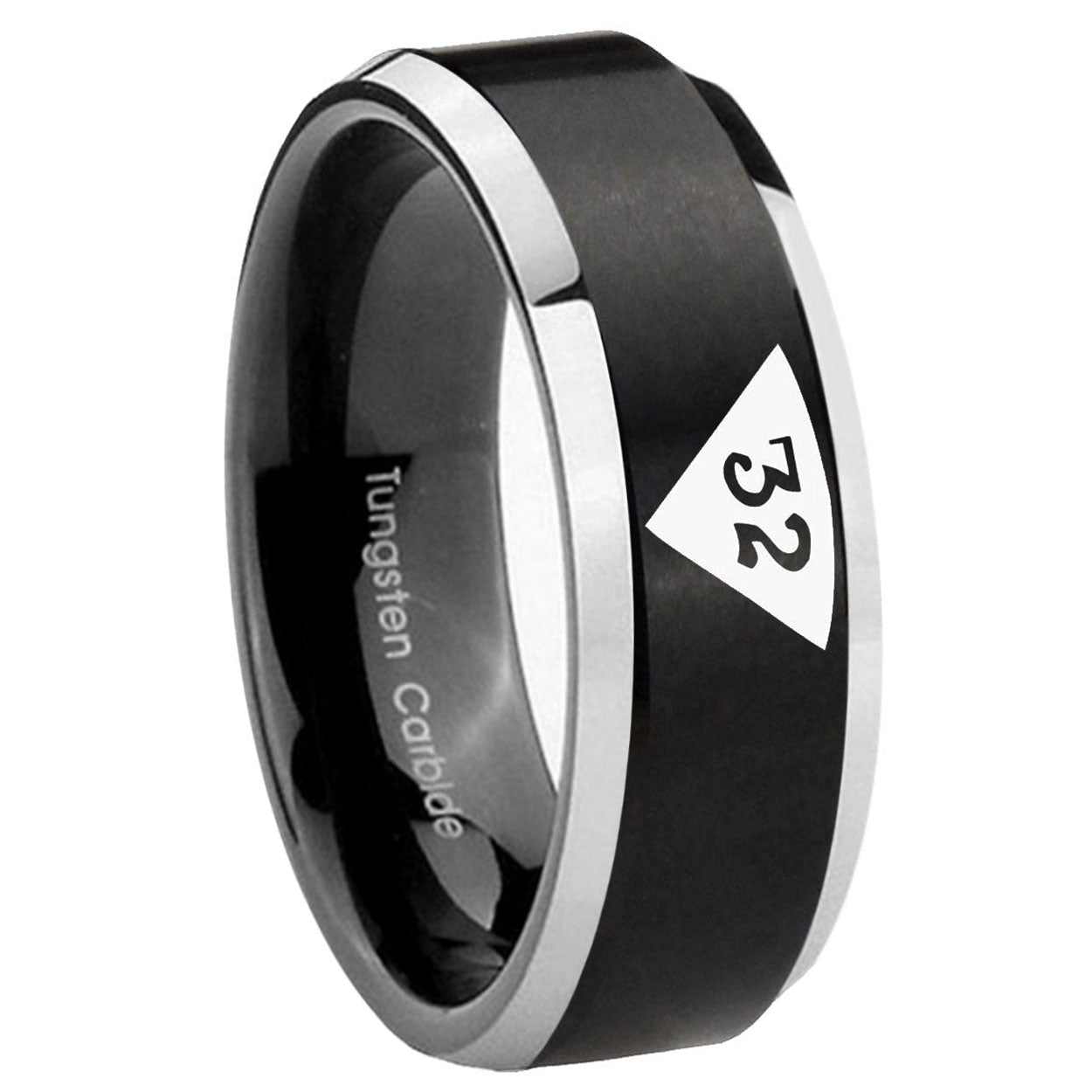 8MM Masonic 32 Triangle Freemason Beveled Two Tone Black Tungsten Ring Men