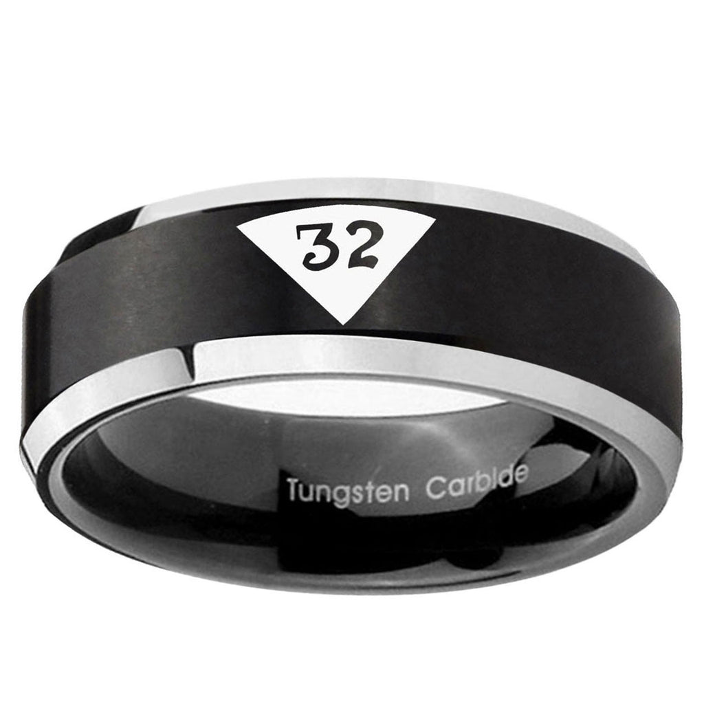 5MM Masonic 32 Triangle Freemason Beveled Two Tone Black Tungsten Ring Men