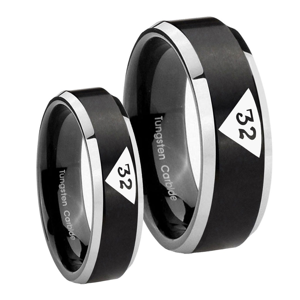 Masonic 32 Triangle Design Freemason Beveled Edges Brush Black 2 Tone Tungsten Bridal Ring Set