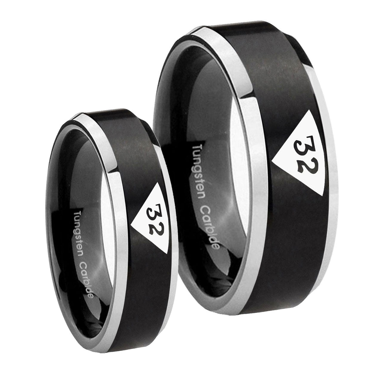 Masonic 32 Triangle Design Freemason Beveled Edges Brush Black 2 Tone Tungsten Bridal Ring Set