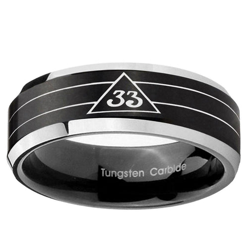10mm Masonic 32 Duo Line Freemason Beveled Edge Brush Black 2 Tone Tungsten Ring