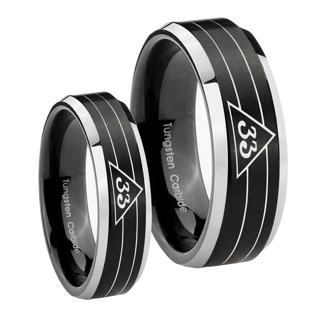 Masonic 32 Duo Line Freemason Beveled Edges Brush Black 2 Tone Tungsten Wedding Set Ring