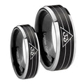 Masonic 32 Duo Line Freemason Beveled Edges Brush Black 2 Tone Tungsten Wedding Set Ring