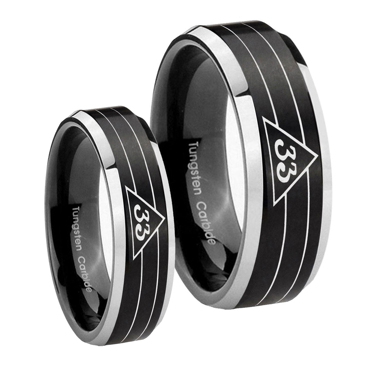 Masonic 32 Duo Line Freemason Beveled Edges Brush Black 2 Tone Tungsten Wedding Set Ring