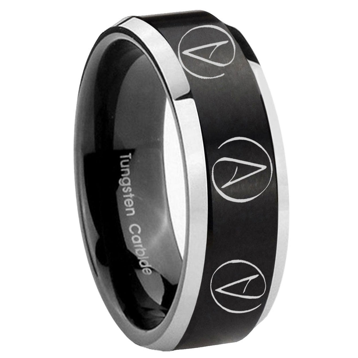 10mm Atheist Design Beveled Brush Black 2 Tone Tungsten Bands Ring