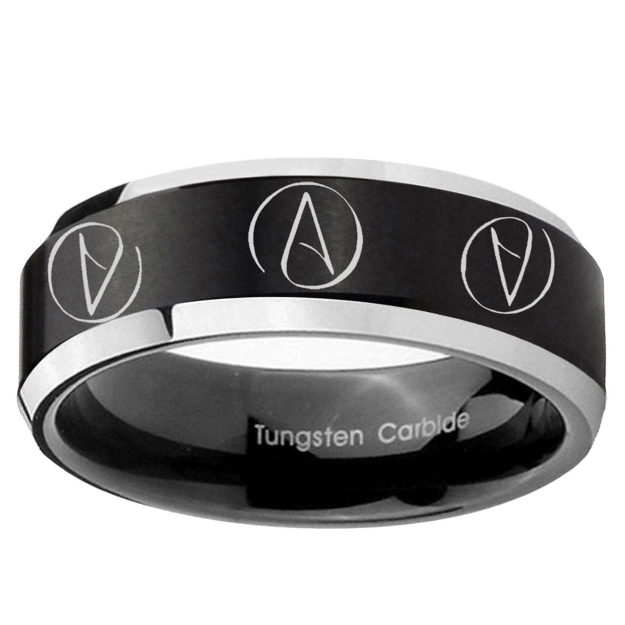10mm Atheist Design Beveled Brush Black 2 Tone Tungsten Bands Ring