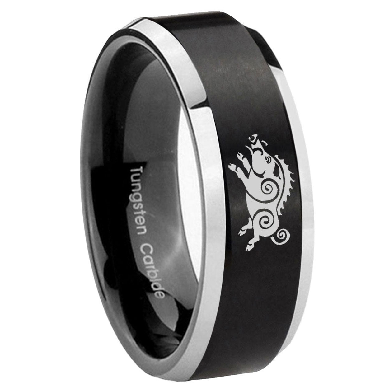 10mm Wild Boar Beveled Brush Black 2 Tone Tungsten Mens Ring Engraved