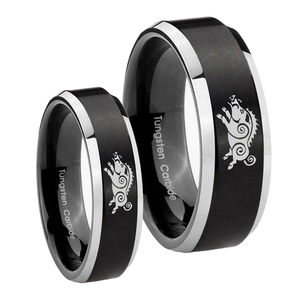 Wild Boar Beveled Brush Black 2 Tone Tungsten Wedding Ring Sets