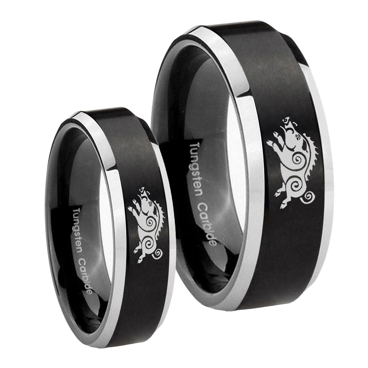 Wild Boar Beveled Brush Black 2 Tone Tungsten Wedding Ring Sets