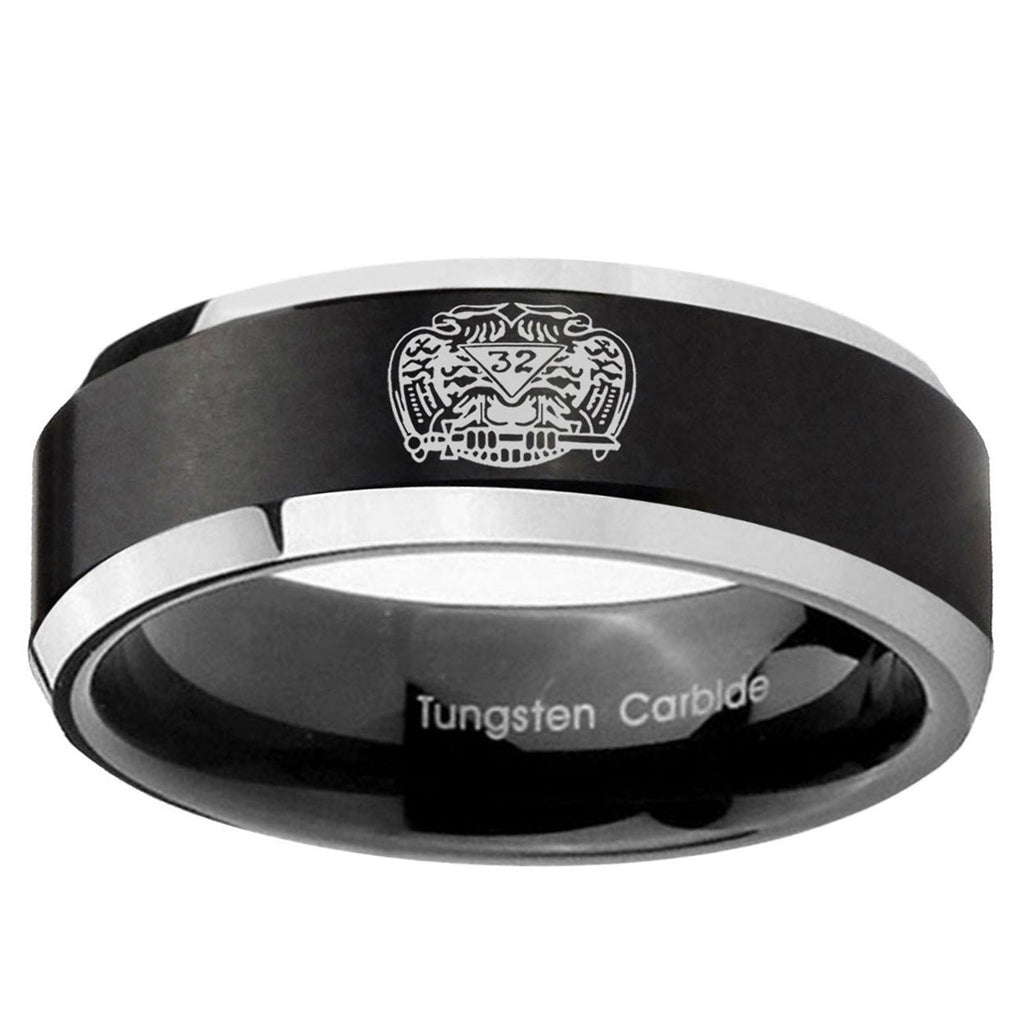 10mm Masonic 32 Degree Freemason Beveled Edge Brush Black 2 Tone Tungsten Ring