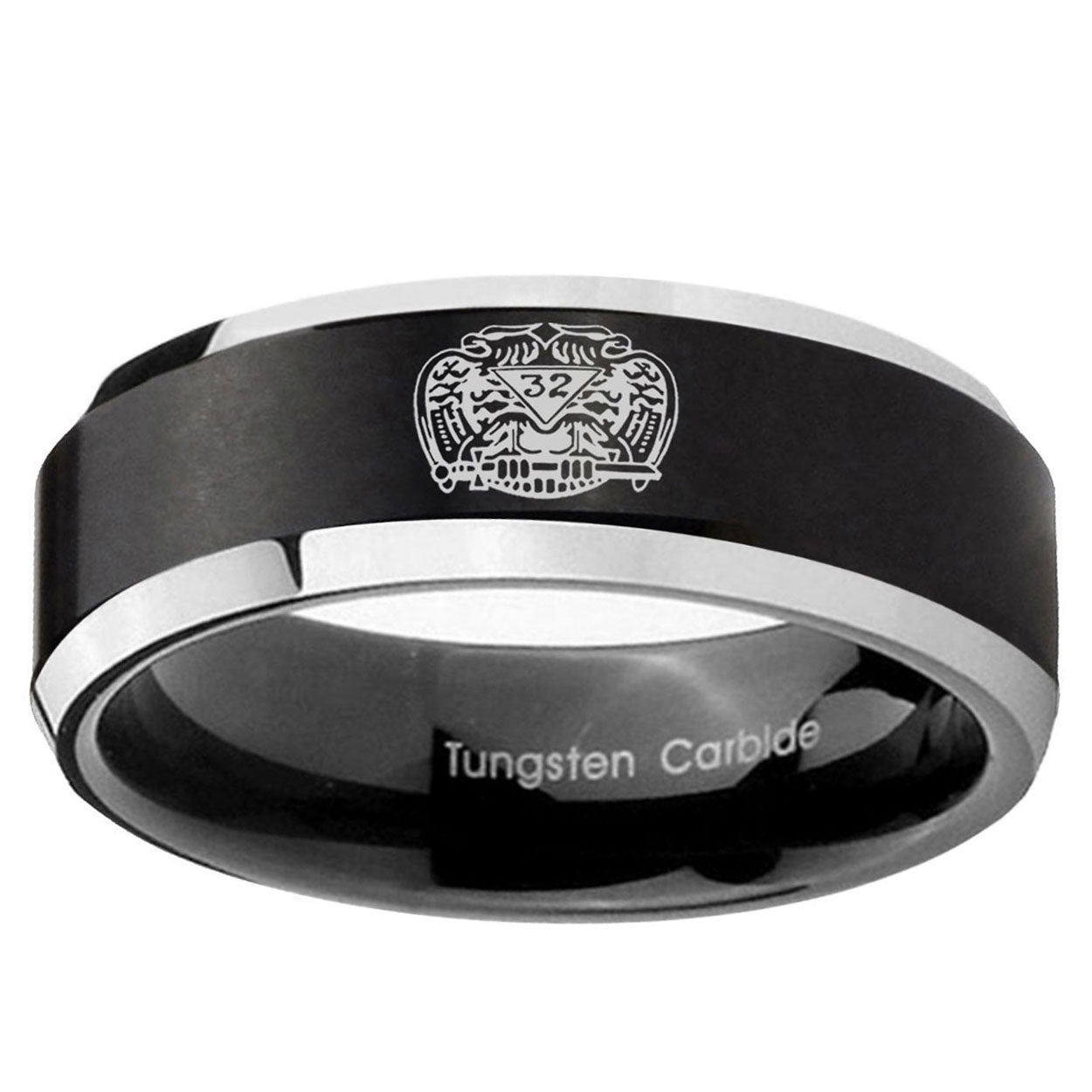 10mm Masonic 32 Degree Freemason Beveled Edge Brush Black 2 Tone Tungsten Ring