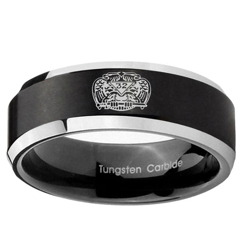 10mm Masonic 32 Degree Freemason Beveled Edge Brush Black 2 Tone Tungsten Ring