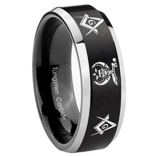 10mm Masonic Shriners Beveled Brush Black 2 Tone Tungsten Mens Ring Personalized