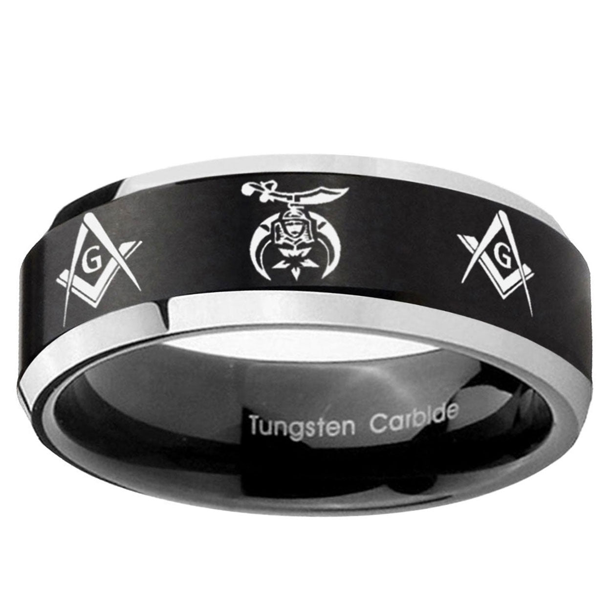 5MM Masonic Shriners Beveled Two Tone Black Tungsten Wedding Band Men