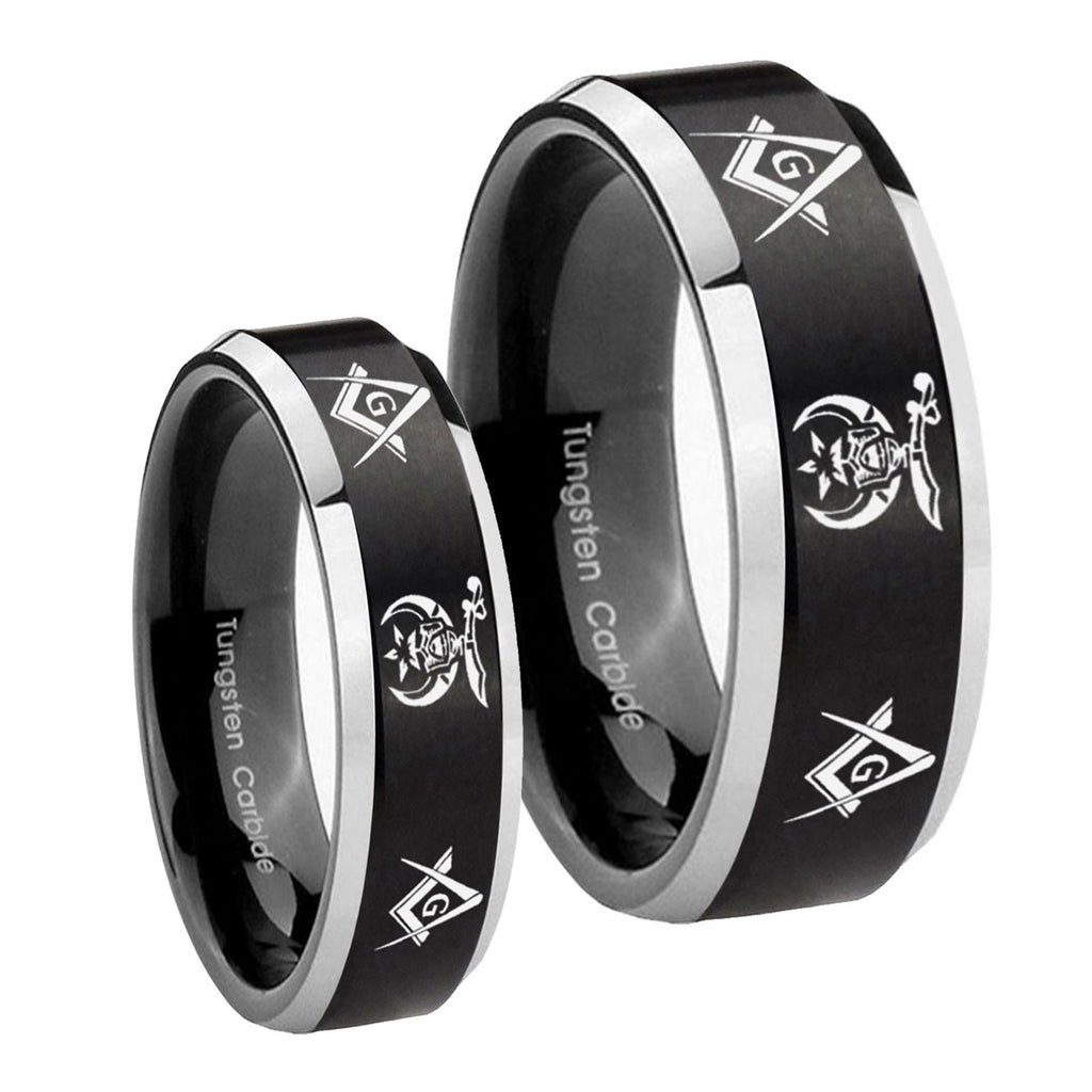 Masonic Shriners Beveled Brush Black 2 Tone Tungsten Couple Wedding Bands