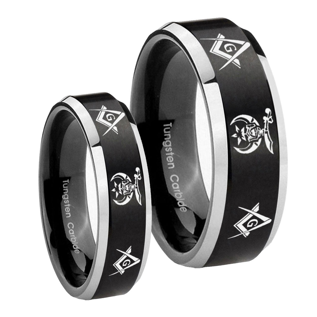 Masonic Shriners Beveled Brush Black 2 Tone Tungsten Couple Wedding Bands