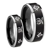 His Hers Masonic Shriners Beveled Brush Black 2 Tone Tungsten Wedding Ring Set