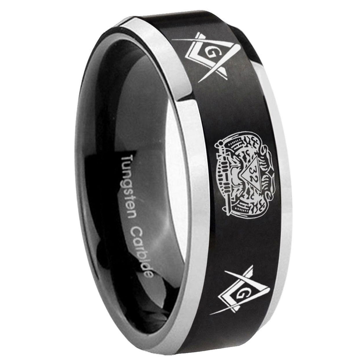 8MM Masonic 32 Design Beveled Two Tone Black Tungsten Ring For Men