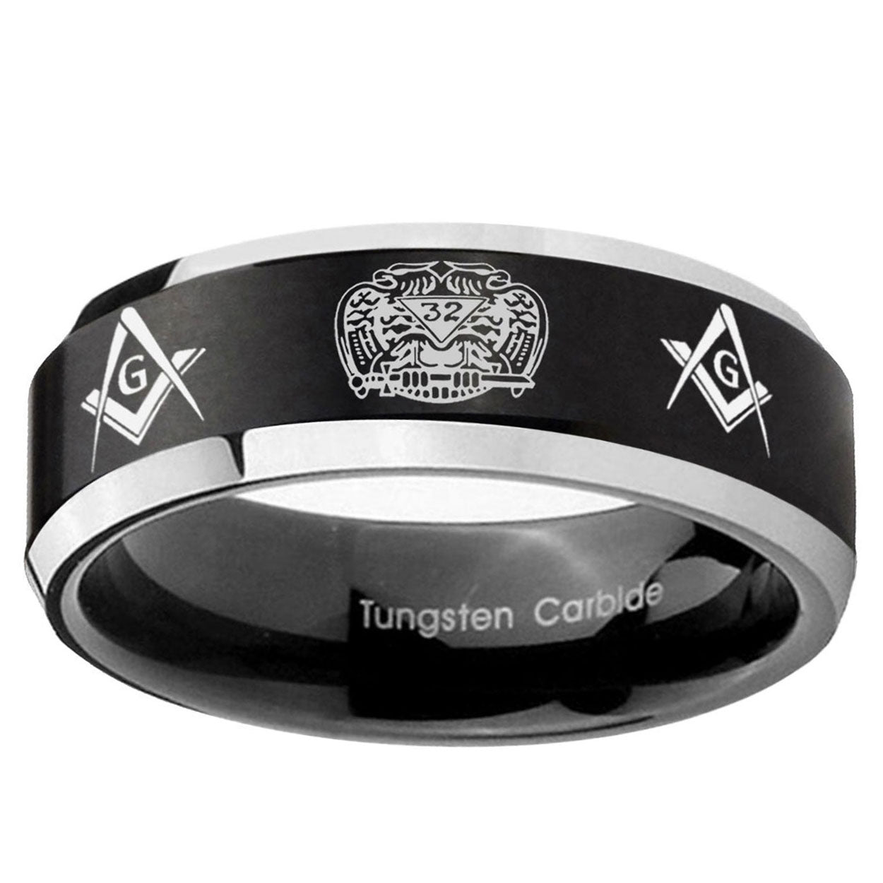 5MM Masonic 32 Design Beveled Two Tone Black Tungsten Ring For Men