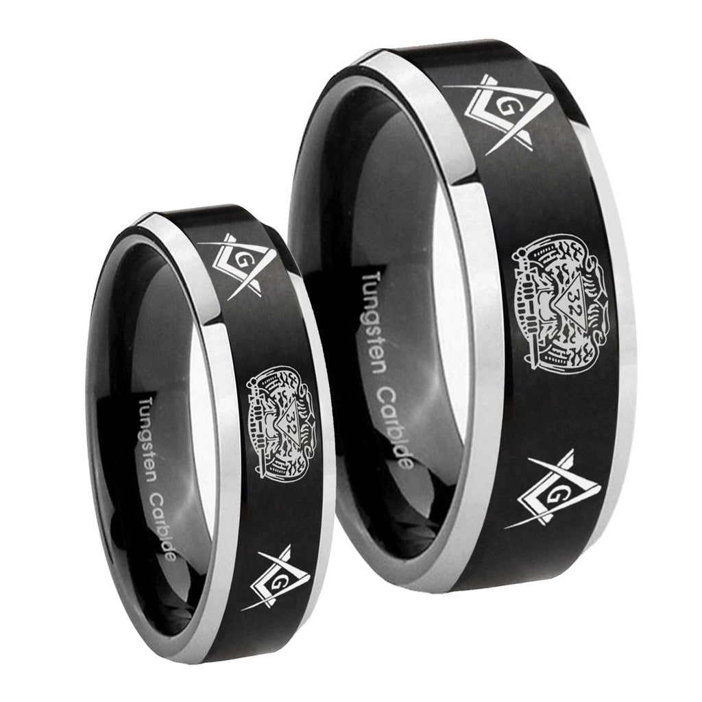 Masonic 32 Design Beveled Brush Black 2 Tone Tungsten Couple Rings