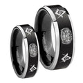 Masonic 32 Design Beveled Brush Black 2 Tone Tungsten Couple Rings