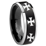 10mm Multiple Maltese Cross Beveled Brush Black 2 Tone Tungsten Men's Band Ring